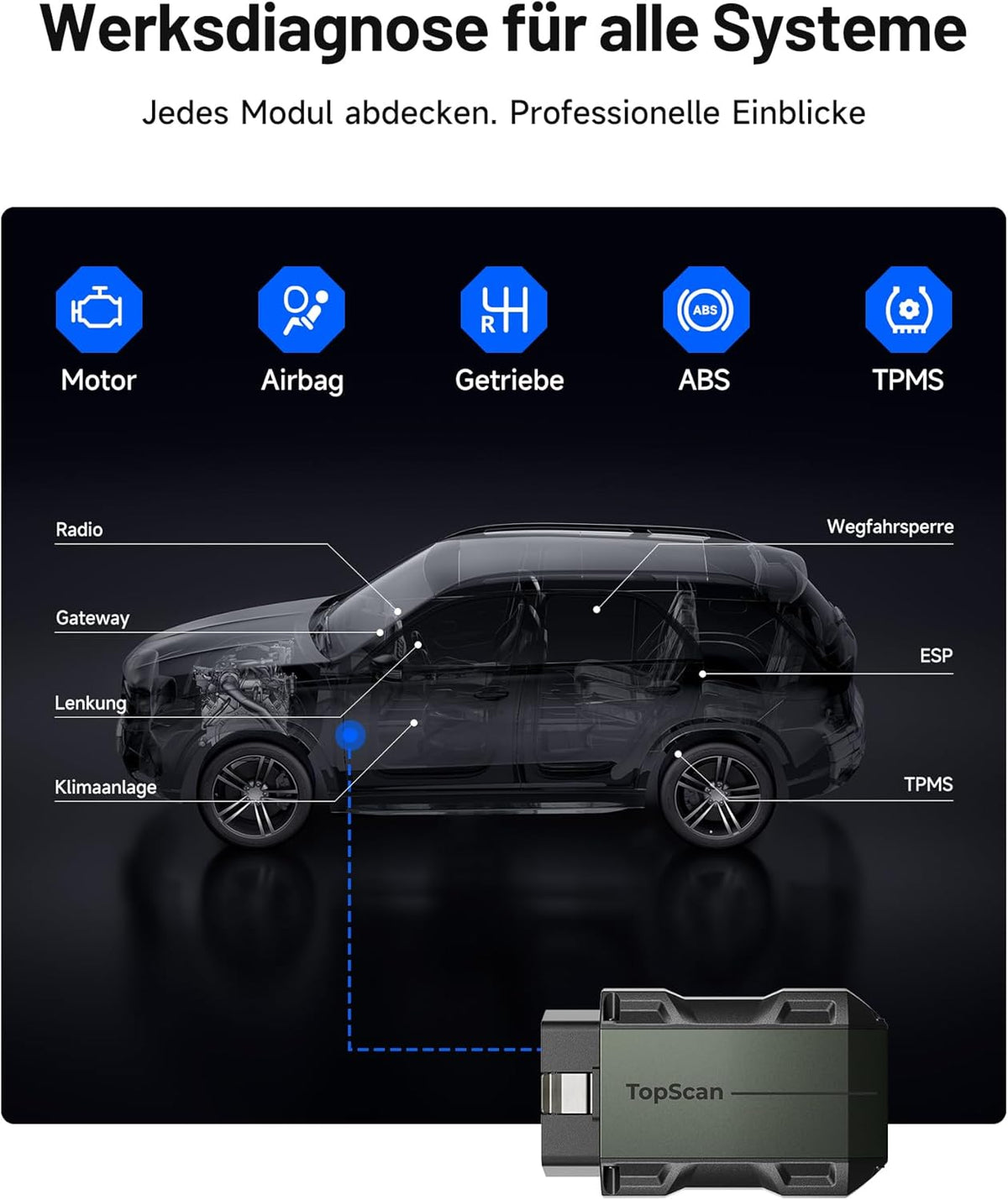 TOPDON TopScan Master OBD2 Scanner Bluetooth, draadloos bidirectioneel auto-diagnostisch hulpmiddel voor iOS en Android, volledige systeemscan voor meer dan 120 merken, meer dan 30 resetfuncties