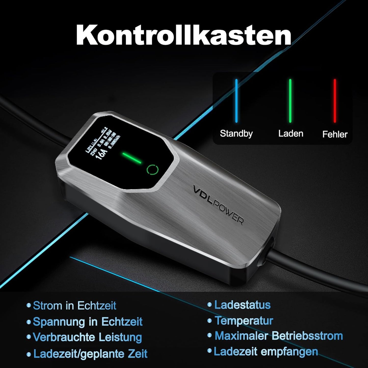 Elektrische autooplader, 11 kW EV oplader type 2, kabel type 2 Schuko, instelbare stroom [3-fase] [6-16 A], oplaadkabel 5 m, IP65 waterdicht, instelbare oplaadtijd [30 min-5 uur]