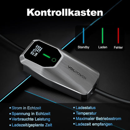 Elektrische autooplader, 11 kW EV oplader type 2, kabel type 2 Schuko, instelbare stroom [3-fase] [6-16 A], oplaadkabel 5 m, IP65 waterdicht, instelbare oplaadtijd [30 min-5 uur]