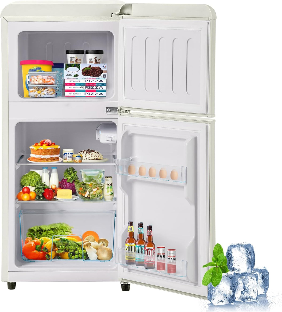 Compact retro refrigerator with freezer compartment, 60 litres total volume (22 l freezer/38 l refrigerator compartment), energy class E, cream white, 89 cm height, quiet 45 dB, 7 temperature levels - QUORE