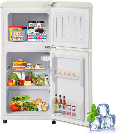 Compact retro refrigerator with freezer compartment, 60 litres total volume (22 l freezer/38 l refrigerator compartment), energy class E, cream white, 89 cm height, quiet 45 dB, 7 temperature levels - QUORE