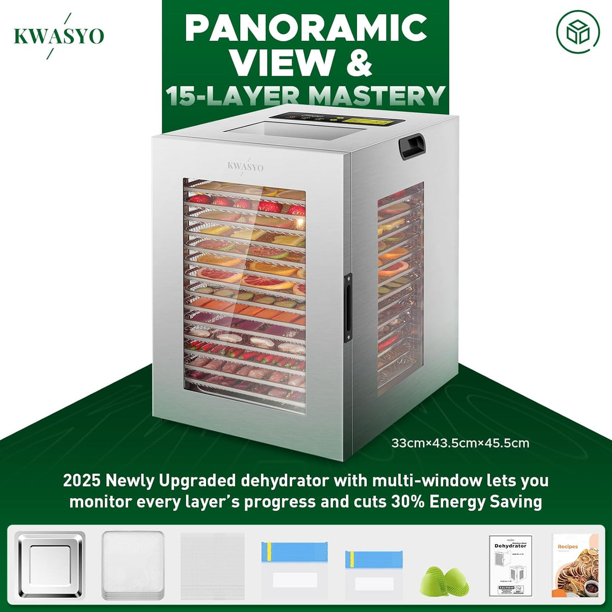 Kwasyo Voedseldroger van roestvrij staal, dubbele ventilator, 360 graden efficiënte droogmachine, 15 etages, temperatuurregeling van 30-90 °C, timer 24 uur, oververhittingsbeveiliging, receptenboekje