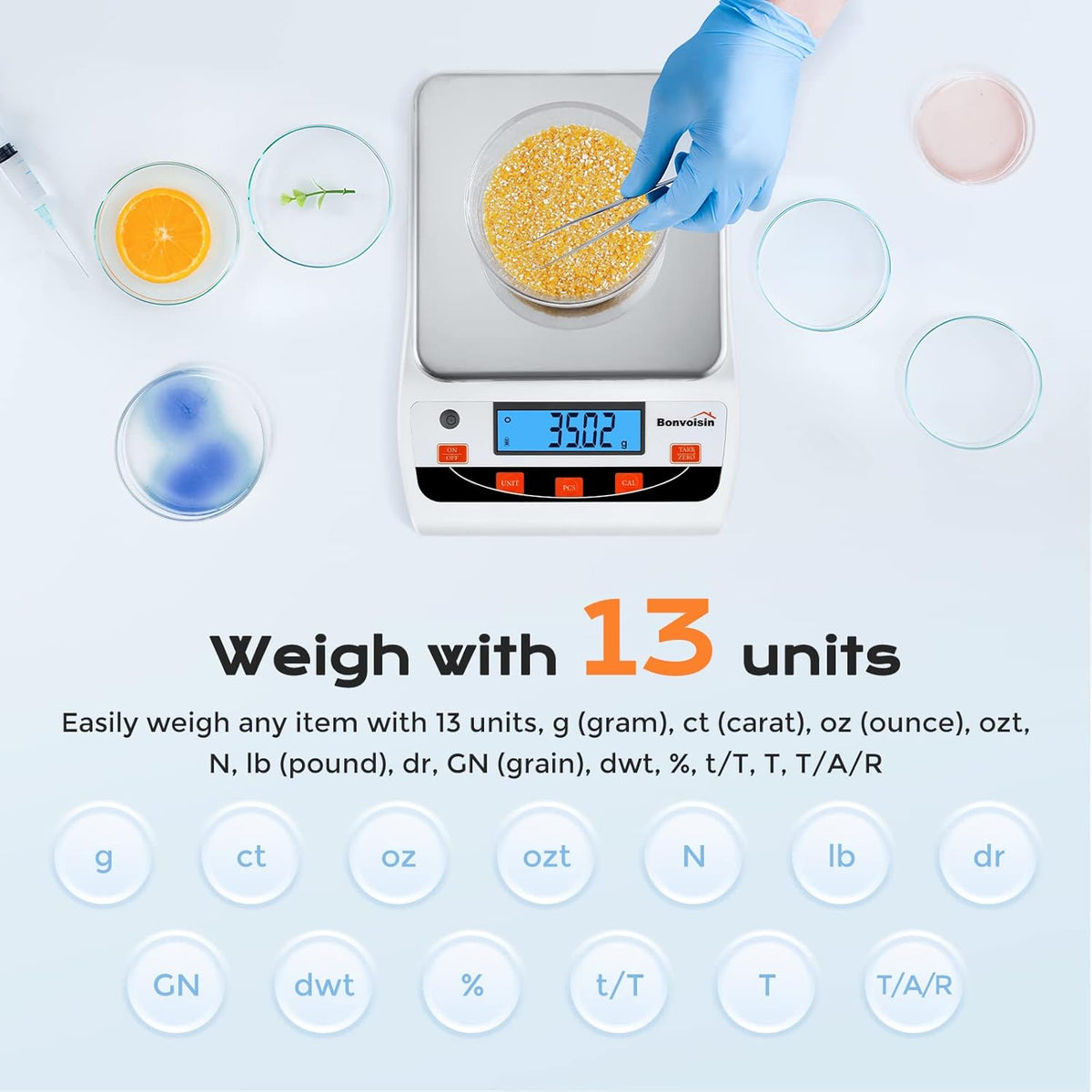 Bonvoisin Laboratoriumweegschaal, 5000 g x 0,01 g, zeer nauwkeurige laboratoriumweegschaal, wetenschappelijke weegschaal, 0,01 gram nauwkeurigheid, elektronische analyseweegschaal, digitale