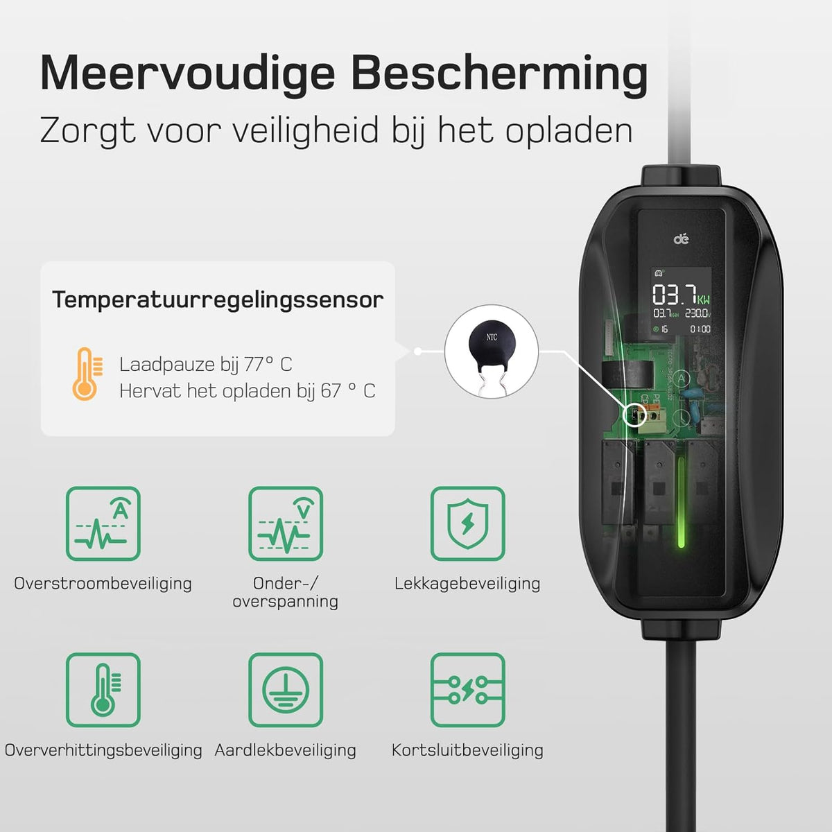 dé Type 2 laadkabel Schuko 3,68kW [1-fase, 20m, 6-16A], EV-laders met regelbaar digitaal display voor elektrische auto's, EV-lader voor 3008/508, C5X, Q3, X3, ZOE, ID.3, ID.4 en andere PHEV/EV