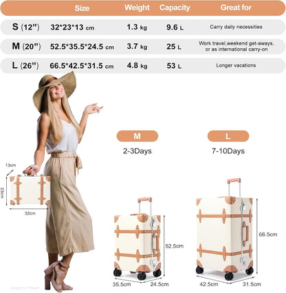 Urecity 3-delige retro bagageset - vintage lederen koffer voor dames, stijlvolle en ruime reiskofferset met robuust aluminium frame, wit met bruin, S(12")+L(26"), vintage