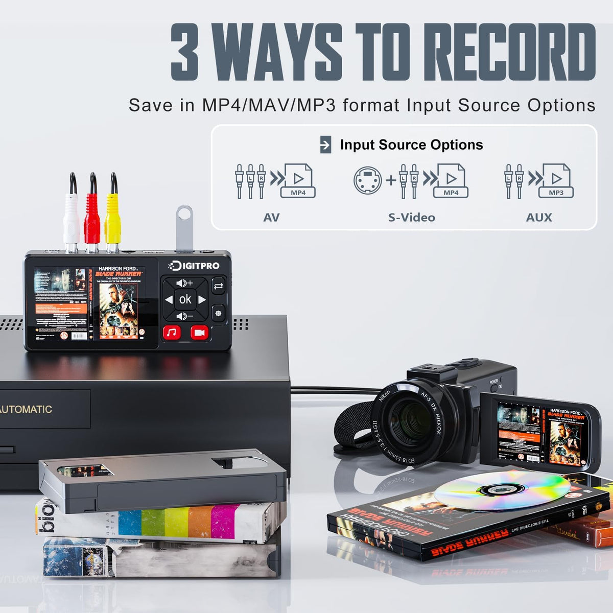 VHS naar digitale converter, HD VHS digitaliseren videorecorder met afstandsbediening, VHS Video Grabber Compatibel met Mini DV, DVD-speler, Blu Ray Player, Hi8, Camcorder, Cassette Tape, Gaming