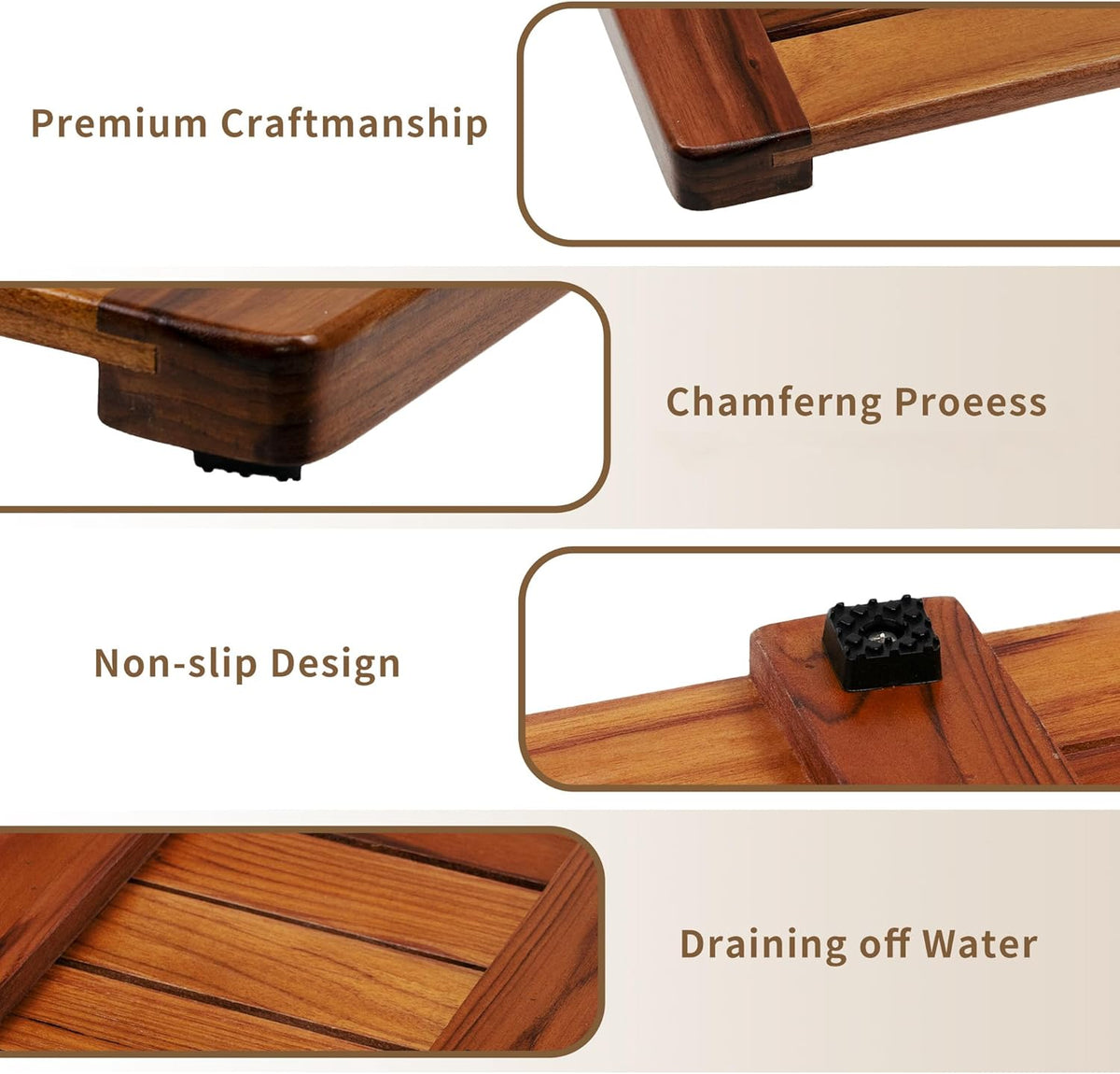 Utoplike Teakhouten badmat, douchemat hout voor badkamer, 101,6 x 45,7 cm, houten vloermat, vierkant, extra groot voor spa, thuis of buiten