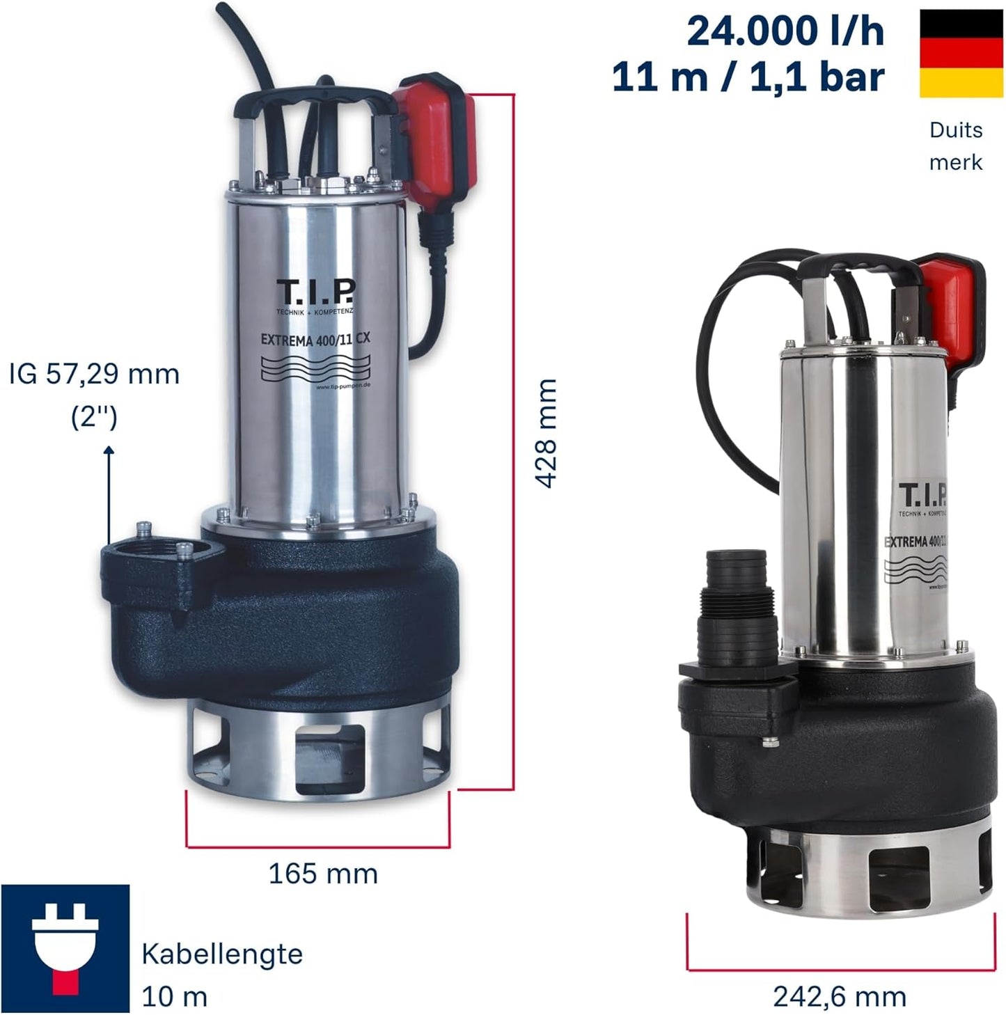 Dompelbare Drainagepomp – Vuilwaterpomp – Afwateringspomp – Tuinpomp – Bouwpomp – 1.500 Watt Motor – Gietijzeren Behuizing en Loopwiel