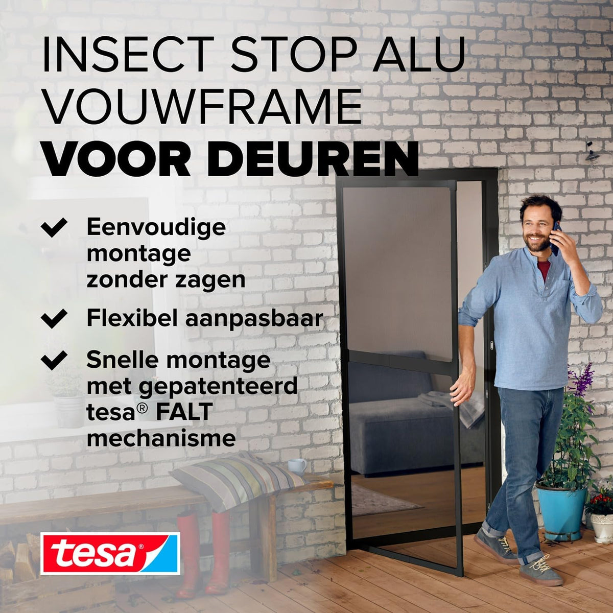 tesa Insect Stop vouwdeur - opvouwbaar aluminium frame met vliegengaas voor deuren - met verstelbaar telescopisch frame - antraciet - 80 cm x 170 cm tot 100 x cm x 220 cm