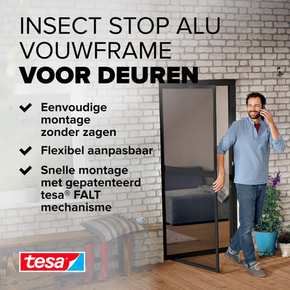 tesa Insect Stop vouwdeur - opvouwbaar aluminium frame met vliegengaas voor deuren - met verstelbaar telescopisch frame - antraciet - 80 cm x 170 cm tot 100 x cm x 220 cm