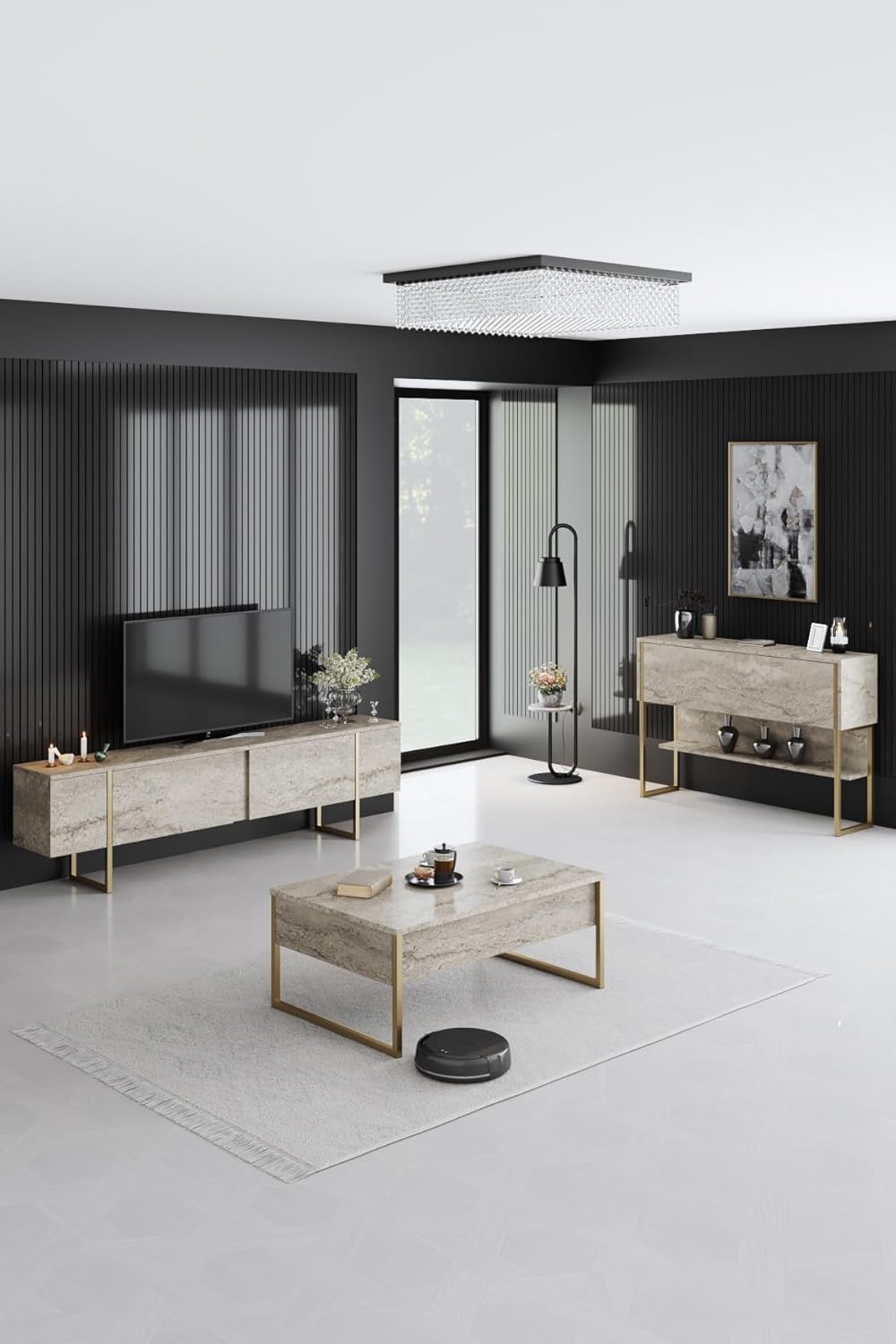 Hanah Home Elegant koffietafel, travertine en goud, 90 x 60 x 40 cm, 100% melamine gecoat deeltjesbord, 18 mm dik, stevige metalen poten, modern marmerdesign