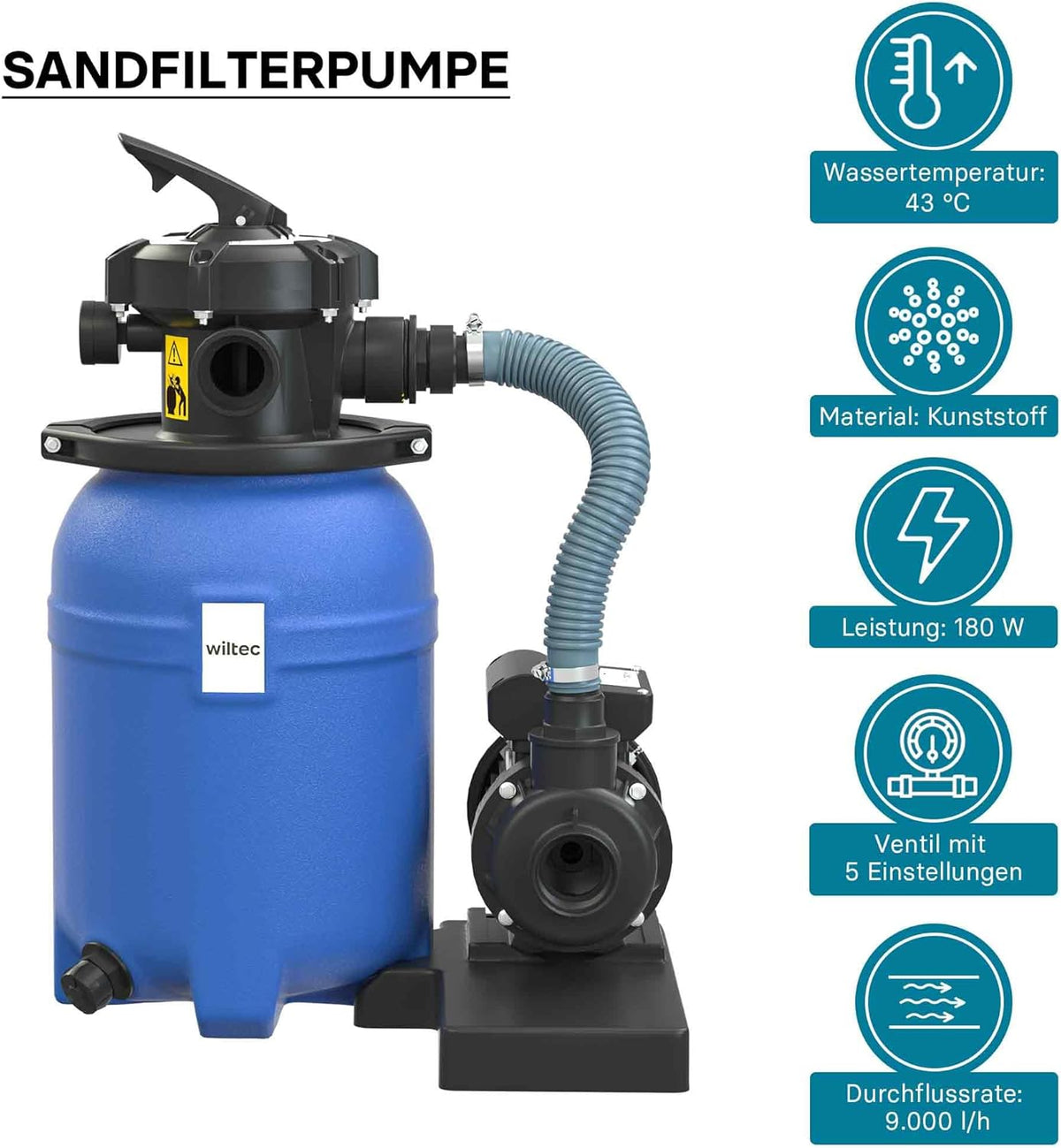 Wiltec zandfiltersysteem 180 W met 14 liter filtertank en zelfaanzuiging 9000 l/h poolpomp
