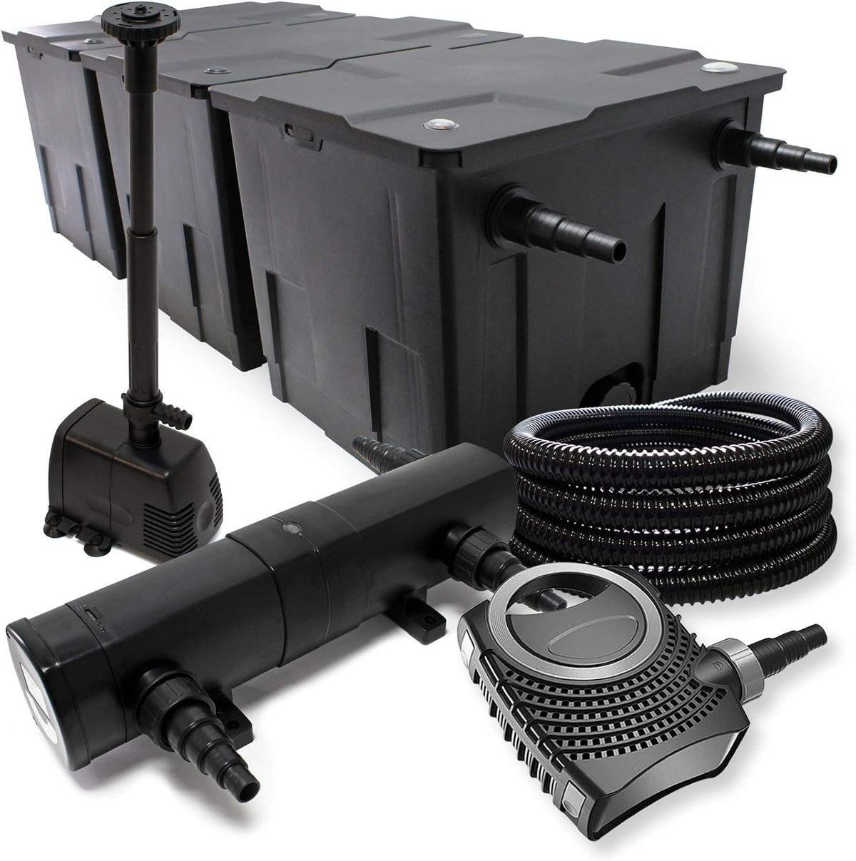 Filterset van bio-vijverfilter 90.000l, UVC-vijverzuiveraar 24W, pomp 80W en fonteinpomp