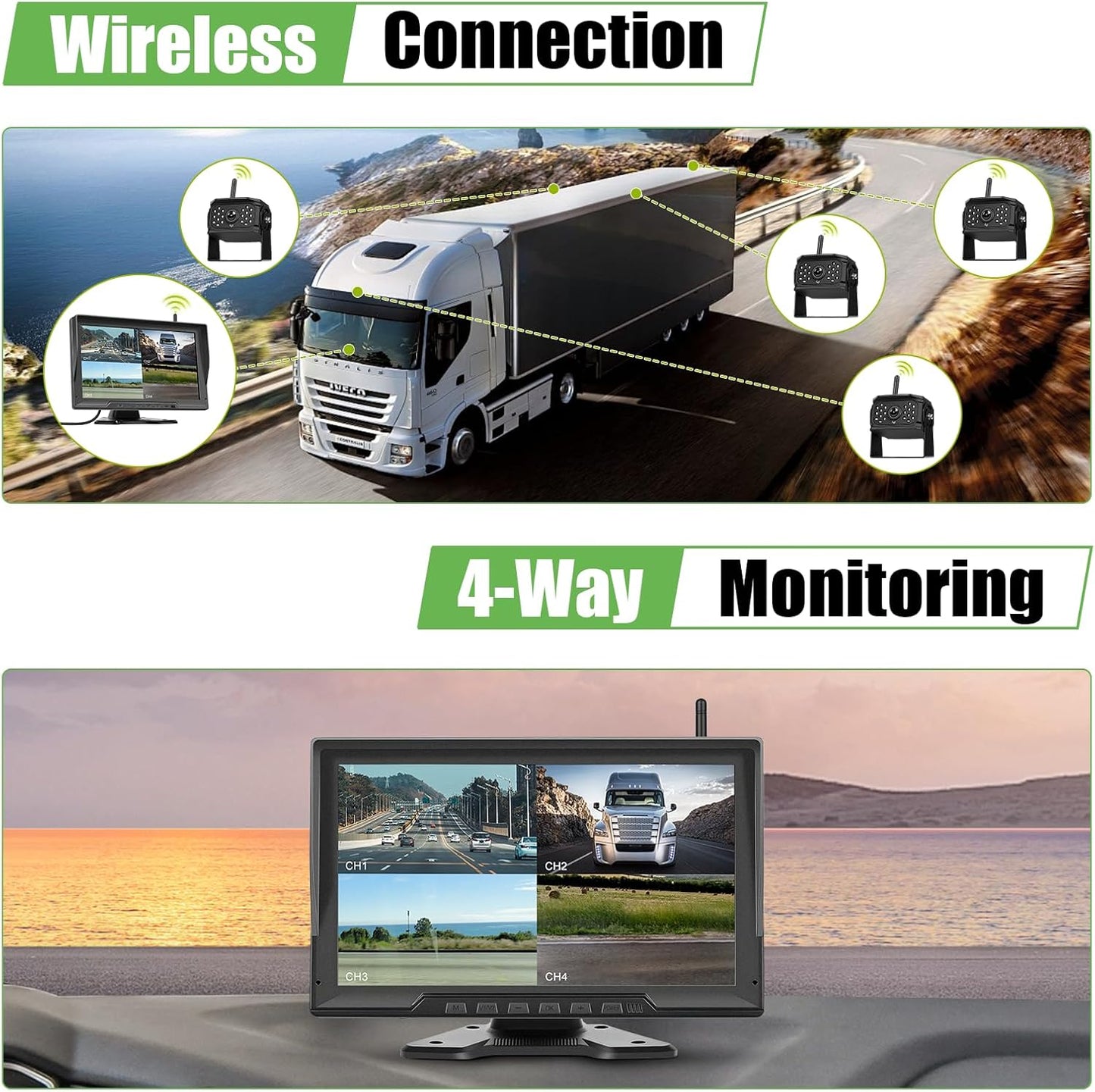 Digitale draadloze achteruitrijcamera, 4 camera's, 10,1 inch IPS HD achteruitrijmonitor met gedeeld scherm met opnamefunctie, nachtzicht, DVR-monitor & IP68 waterdichte aanhanger/vrachtwagen/camper