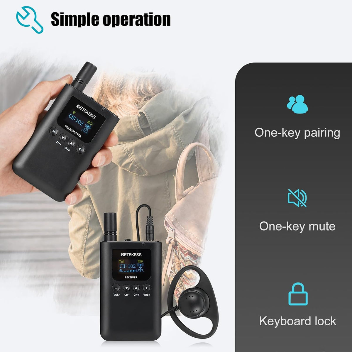Retekess TT125 Audiotourgidssysteem, 180 m Lange Batterijlevensduur Audiodescriptiesysteem met TT002 16-Slots Opladerbasis, voor Toerisme, Fabriek, Conferentie, Kerk, Universiteit, Training