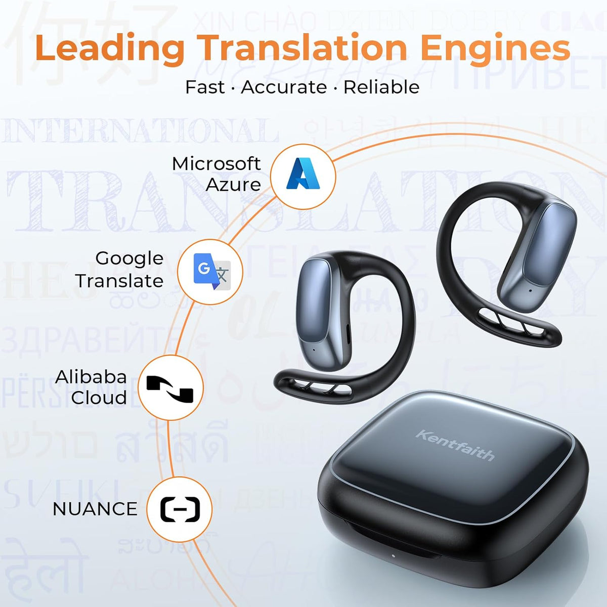 Kentfaith AI Translator Earbuds Real Time 4-in-1 Vertaal oordopjes, 132 talen met AI assistent, Bluetooth 5.4 voor reizen, zaken, leren