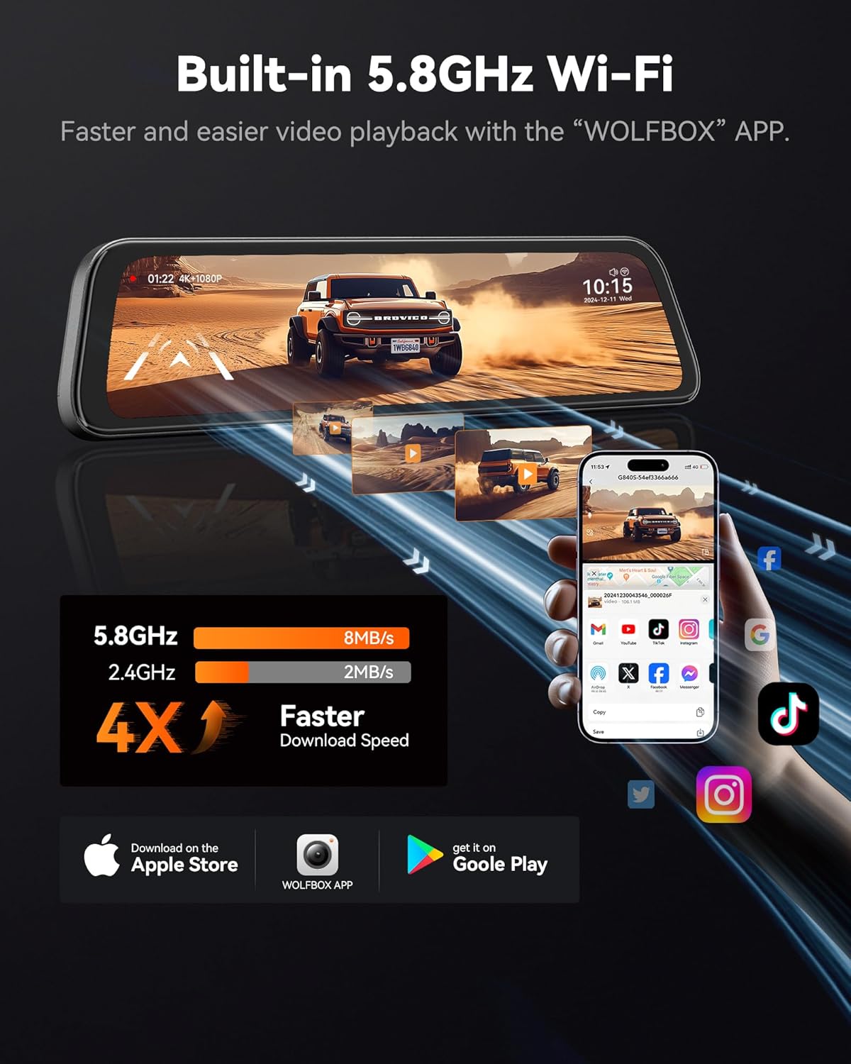 Spiegel Dashcam – Rearview Camera – Auto Camera – Dashcam Met Scherm – Achteruitkijkspiegel Camera – 12 Inch IPS Full Touch Screen – Dual 2160P Full HD Nachtzicht - QUORE