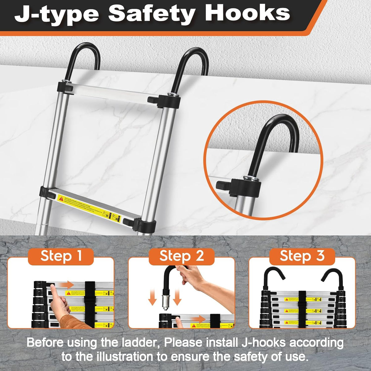HBTower Telescopische ladder, aluminium, met haken, lichte uittrekbare ladder, uitschuifbare ladder, inklapbare ladder voor zolders, caravans, 150 kg draagvermogen, zilver
