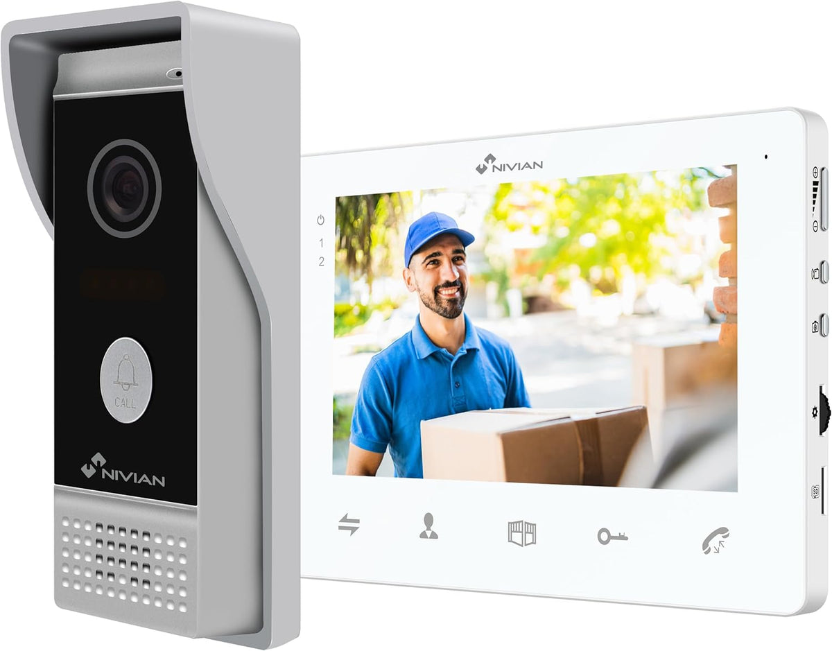NIVIAN 2-draads video intercom, analoog, met 7 inch monitor, HQ-binnendisplay met bidirectionele audio, IP65 buitenplaat met nachtzicht, elektrische deuropener. Smart Security