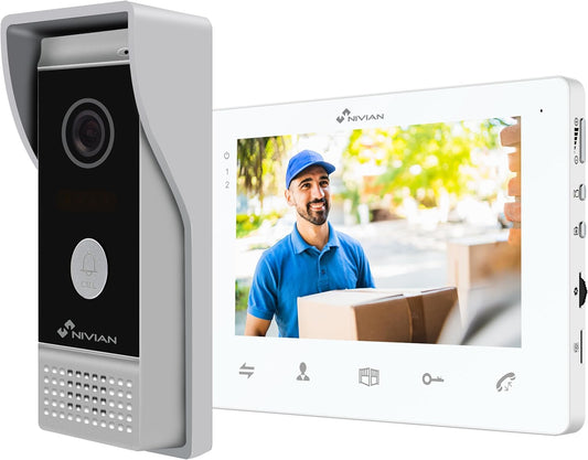 NIVIAN 2-draads video intercom, analoog, met 7 inch monitor, HQ-binnendisplay met bidirectionele audio, IP65 buitenplaat met nachtzicht, elektrische deuropener. Smart Security