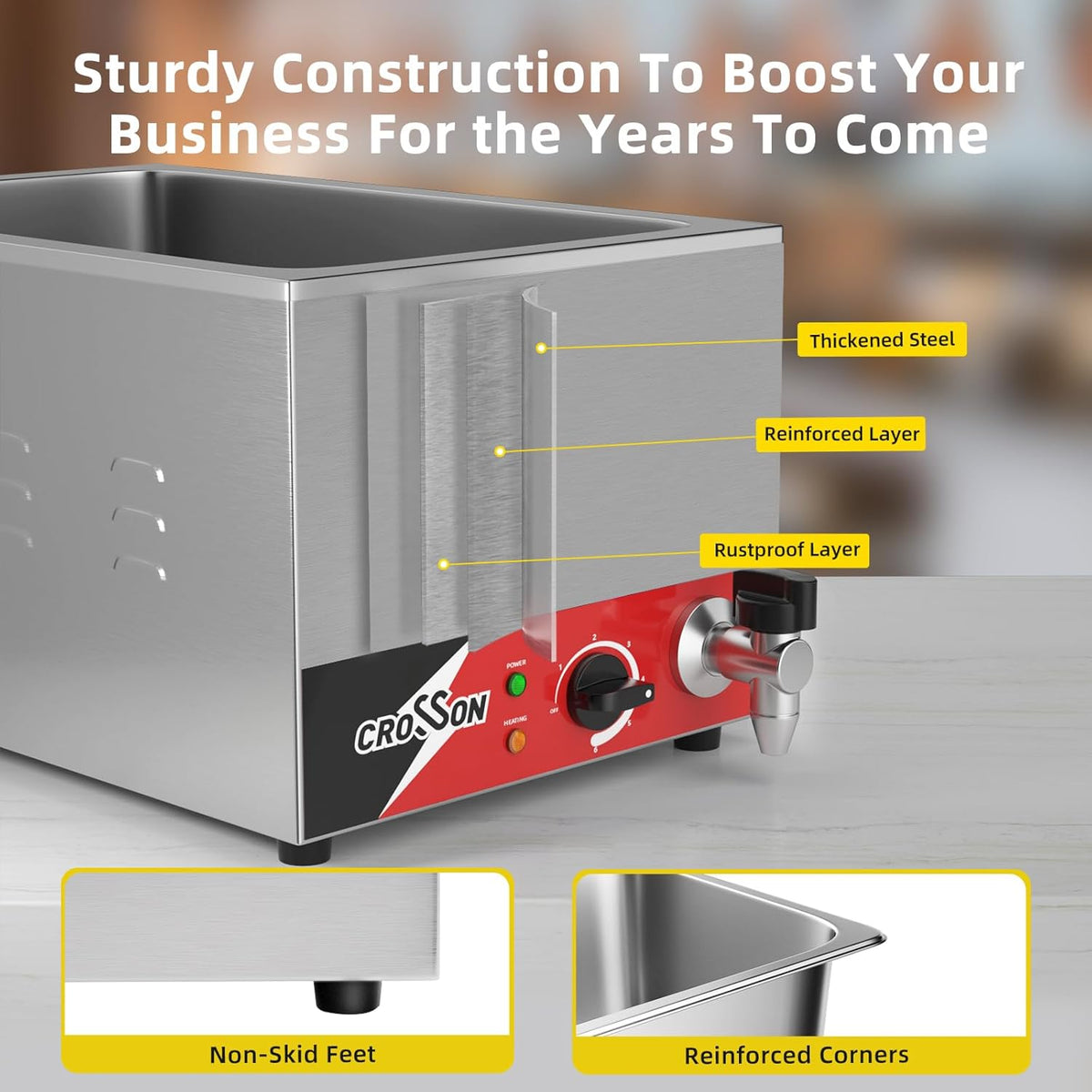 crosson Professionele elektrische badkuip, 1500 W, elektrische badkuip, van roestvrij staal, met kraan, 3 x 1/3 GN containers met deksel, instelbare temperatuur 30 °C - 85 °C