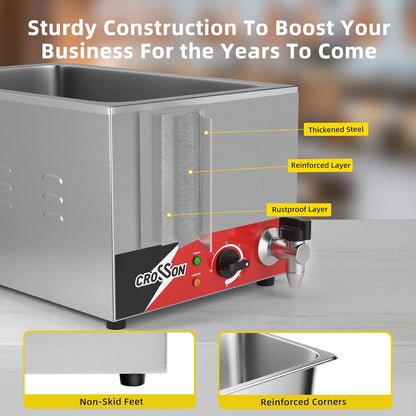 crosson Professionele elektrische badkuip, 1500 W, elektrische badkuip, van roestvrij staal, met kraan, 3 x 1/3 GN containers met deksel, instelbare temperatuur 30 °C - 85 °C