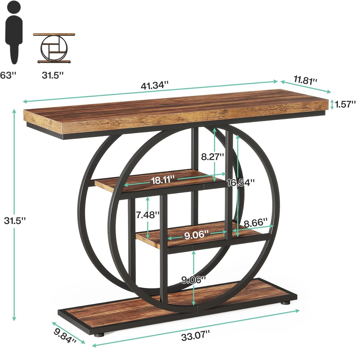 Tribesigns Console Table 105cm with 4 Levels, Narrow Industrial Sofa Table with Round Metal Frame, Wooden Entrance Table with Storage Racks for Living Room (Rustic Brown) - QUORE