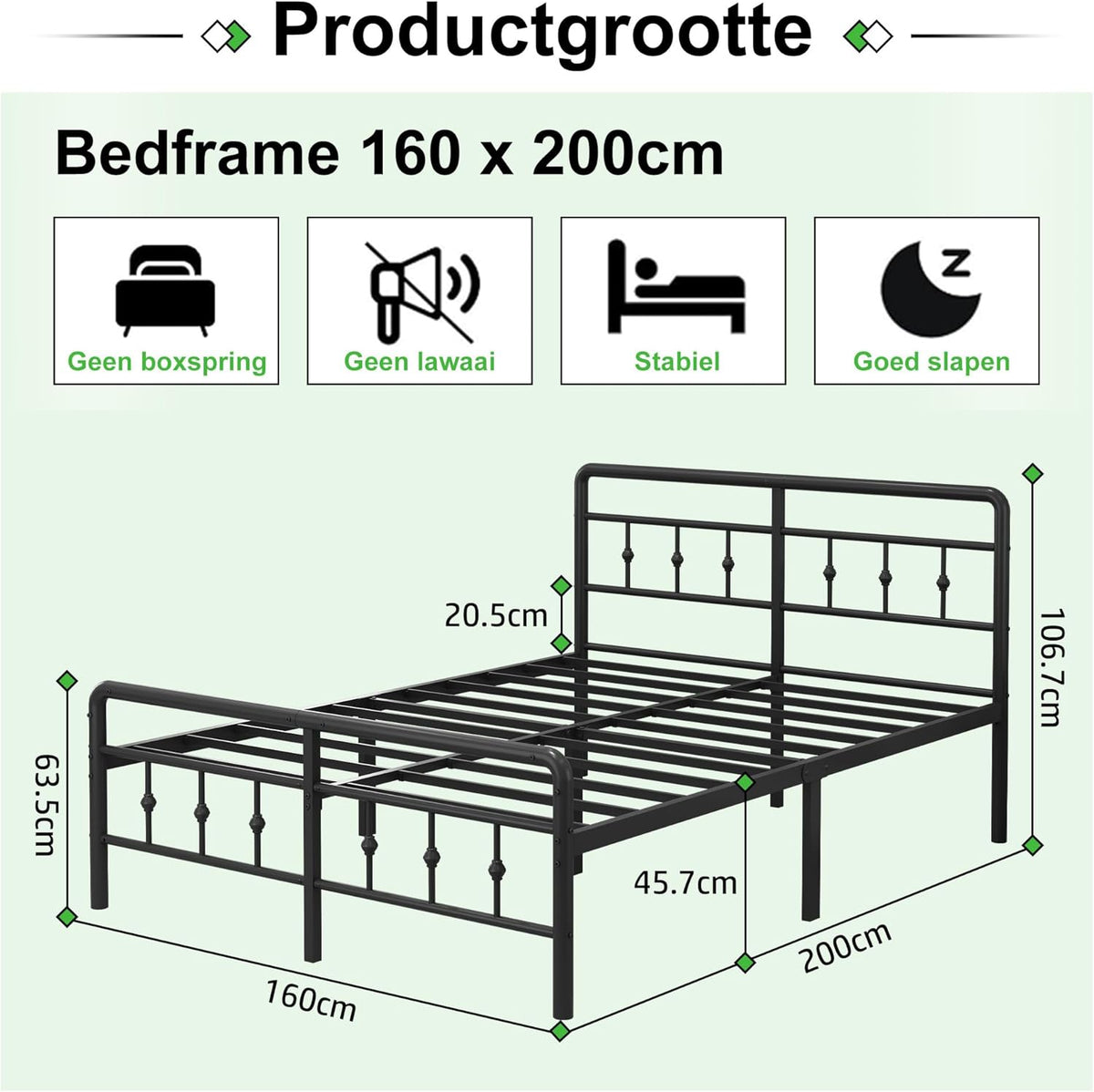 EMODA Metalen Bedframe 160 x 200 cm met Hoofdeinde en Voetenbord, Heavy Duty Bedframe 46 cm hoog met stalen lattenbodem, Eenvoudige montage, Geluidsvrij, Zwart