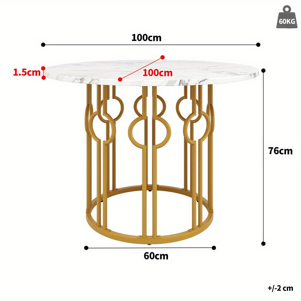 Eettafel – Ronde Tafel – Keukentafel – Woonkamertafel – Eetkamertafel – Marmeren Blad – Gouden Metalen Poten – 100 cm Diameter – Stijlvol Klassiek Design