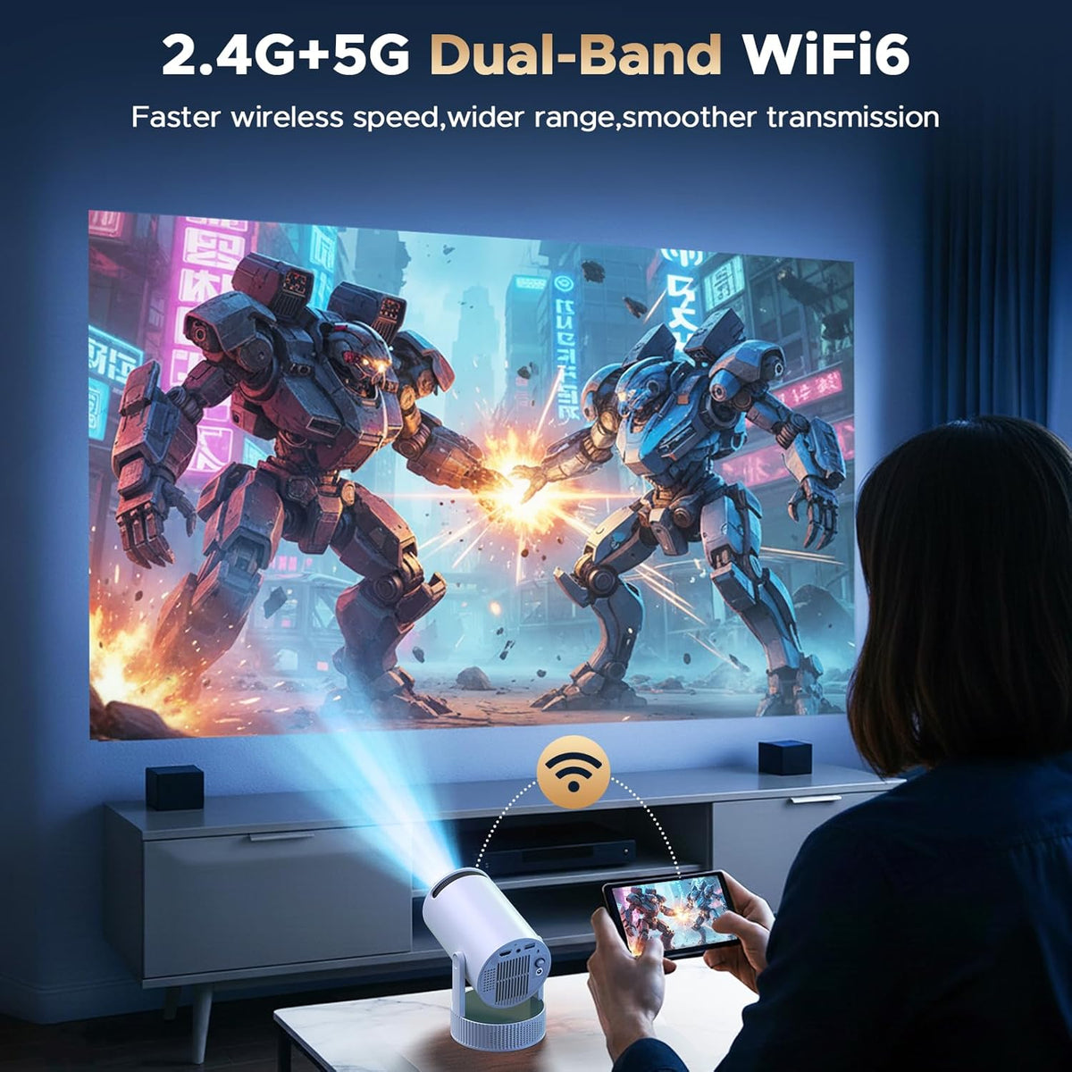 Beamer met accu, mini-projector ondersteuning 4K resolutie, 220° rotatie, geïntegreerde luidspreker en bluetooth-projector, Auto Keystone WiFi6 beamer projector voor thuisbioscoop slaapkamer