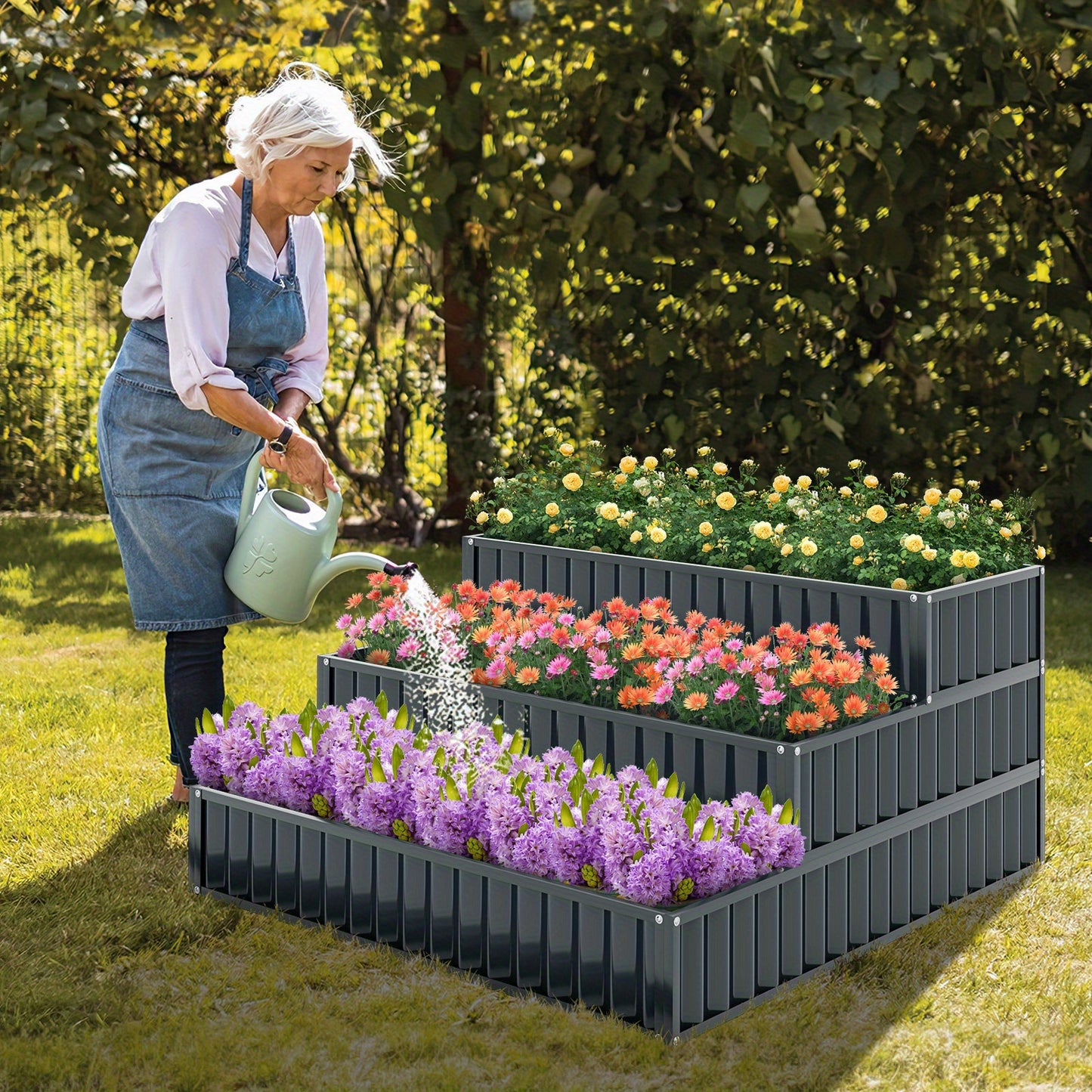 Hoogtebak Tuin – Verhoogd Plantenbed – Moestuinbak – Kruidenbak – Bloembak – 3 Laags Trappenontwerp – Metalen Roestvrij Stijlvol Zwart – 118x118x61 cm – Modulair Systeem