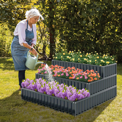 Hoogtebak Tuin – Verhoogd Plantenbed – Moestuinbak – Kruidenbak – Bloembak – 3 Laags Trappenontwerp – Metalen Roestvrij Stijlvol Zwart – 118x118x61 cm – Modulair Systeem