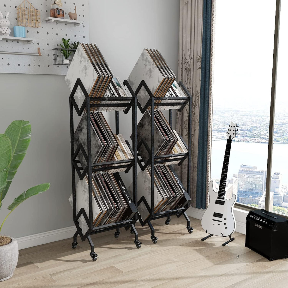 Vinyl Opbergrek Op Wielen – Platenrek – LP Opbergrek – Vinyl Rek – Platenhouder – Tot 150 LP’s – Stevig Metalen Frame Met Poedercoating