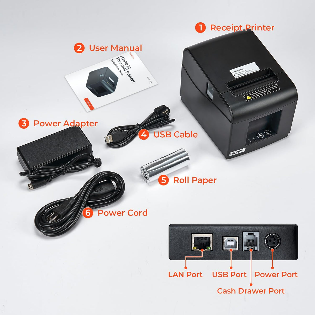MUNBYN ITPP072 Bondrukcer Thermoprinter, 80 mm, POS-printer met USB + LAN-aansluiting, ontvangstprinter, compatibel met Android, Windows ChromeOS Linux, ondersteunt geen bluetooth-verbinding
