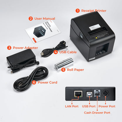 MUNBYN ITPP072 Bondrukcer Thermoprinter, 80 mm, POS-printer met USB + LAN-aansluiting, ontvangstprinter, compatibel met Android, Windows ChromeOS Linux, ondersteunt geen bluetooth-verbinding