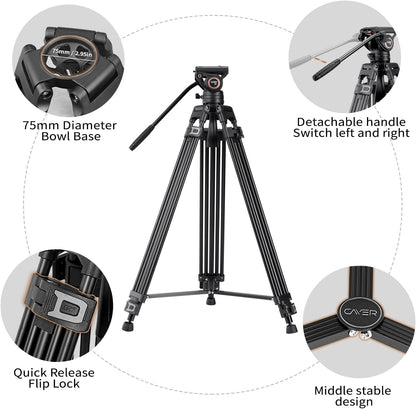 Videostatiefsysteem – Videostatief – Camerastatief – Driepoot – Statief Met Vloeistofkop – 72 Inch – Dubbele Buis Van Sterk Aluminium