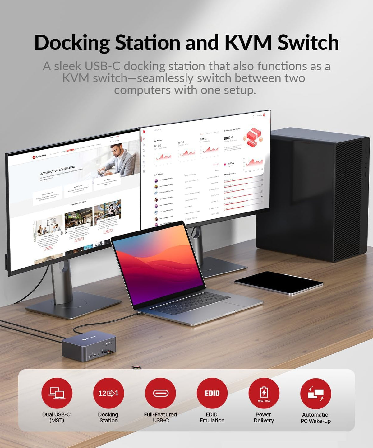 AV Access Dual Monitor KVM Switch Docking für Laptop & Desktop - Typ C Laden, Ethernet, EDID, HDMI & DisplayPort, USB-C MST Dual 4K@60Hz Display, USB 3.0, Vollaluminium Design