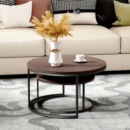 Ronde Salontafel Set – Bijzettafel – Nesting Tafel – Nachtkastje – Kleine Tafel – Nesting Design – Kunstmarmer Blad – Stevig Metalen Frame – Space-Saving – Eenvoudig Te Monteren – Variant Bruin