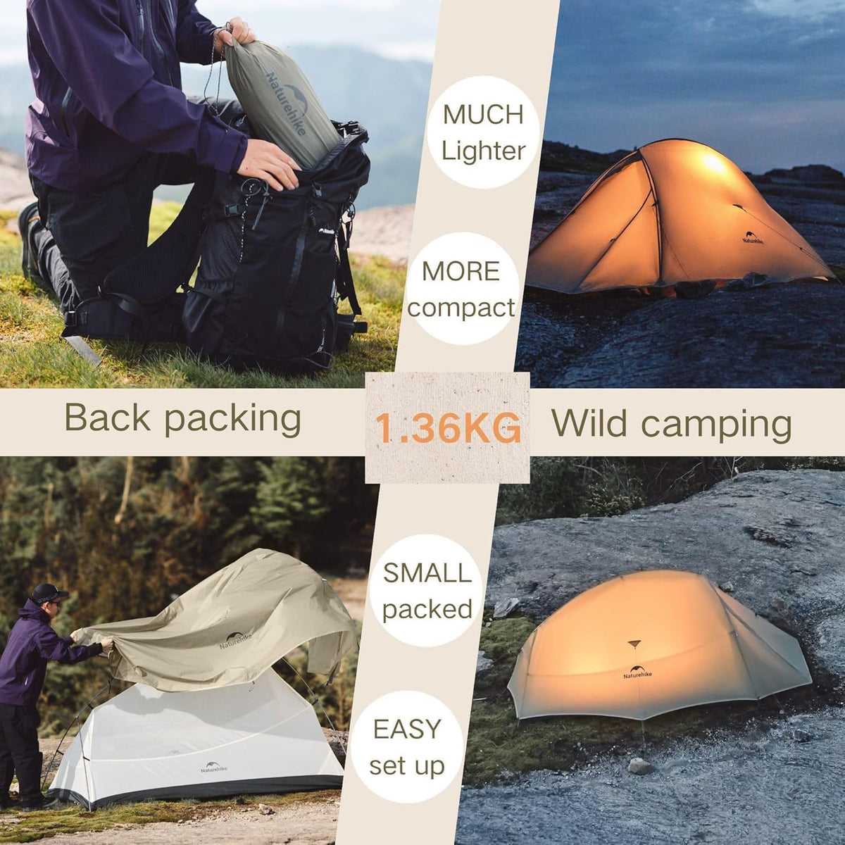 Naturehike Cloud Up Pro Tent, 2024 upgrade, ultralichte tent, 1,75 kg (alle accessoires inbegrepen), dubbele tent voor 2 personen, voor fietsen, kamperen, rugzakreizen