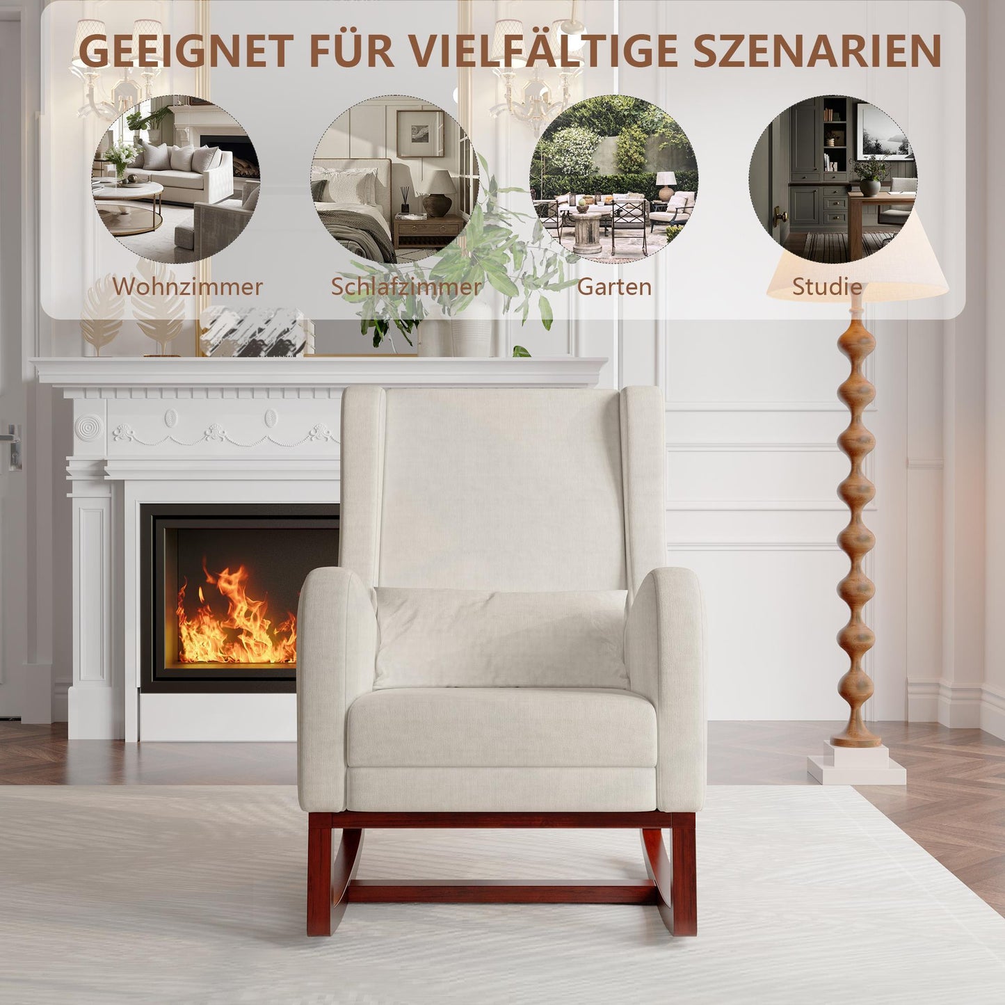 Rocking Chair with Stool, Lounge Chair with High Backrest, Chair with Footrest, Side Pockets And Solid Wood Base, Reading Chair, Relaxation Chair Suitable for Living Room, Bedroom And Balcony.