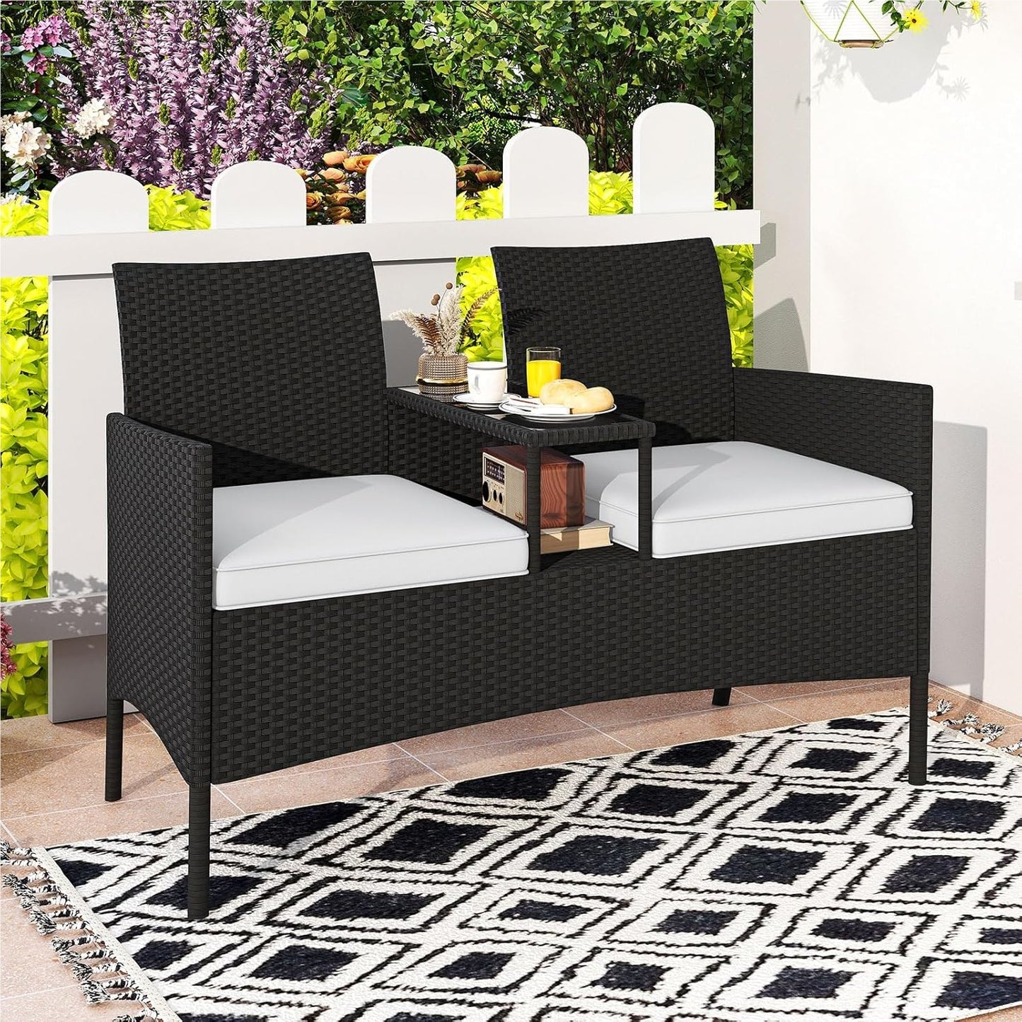 Tuinbank – Loungeset – Bistroset – Tuinmeubilair – Balkonmeubel – Tweezits Met Tafel – Weerbestendig PE-Rattan – Gehard Glas Tafelblad