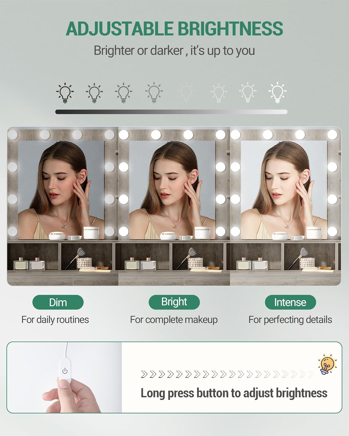 Hzuaneri Dressing Table with Mirror and 10 LED Lamps, Makeup Table with 3 Shelves and 4 Open Compartments, Dressing Table with 2 Drawers and Cabinet, 3 Adjustable Luminosities,GreigeDT32505X