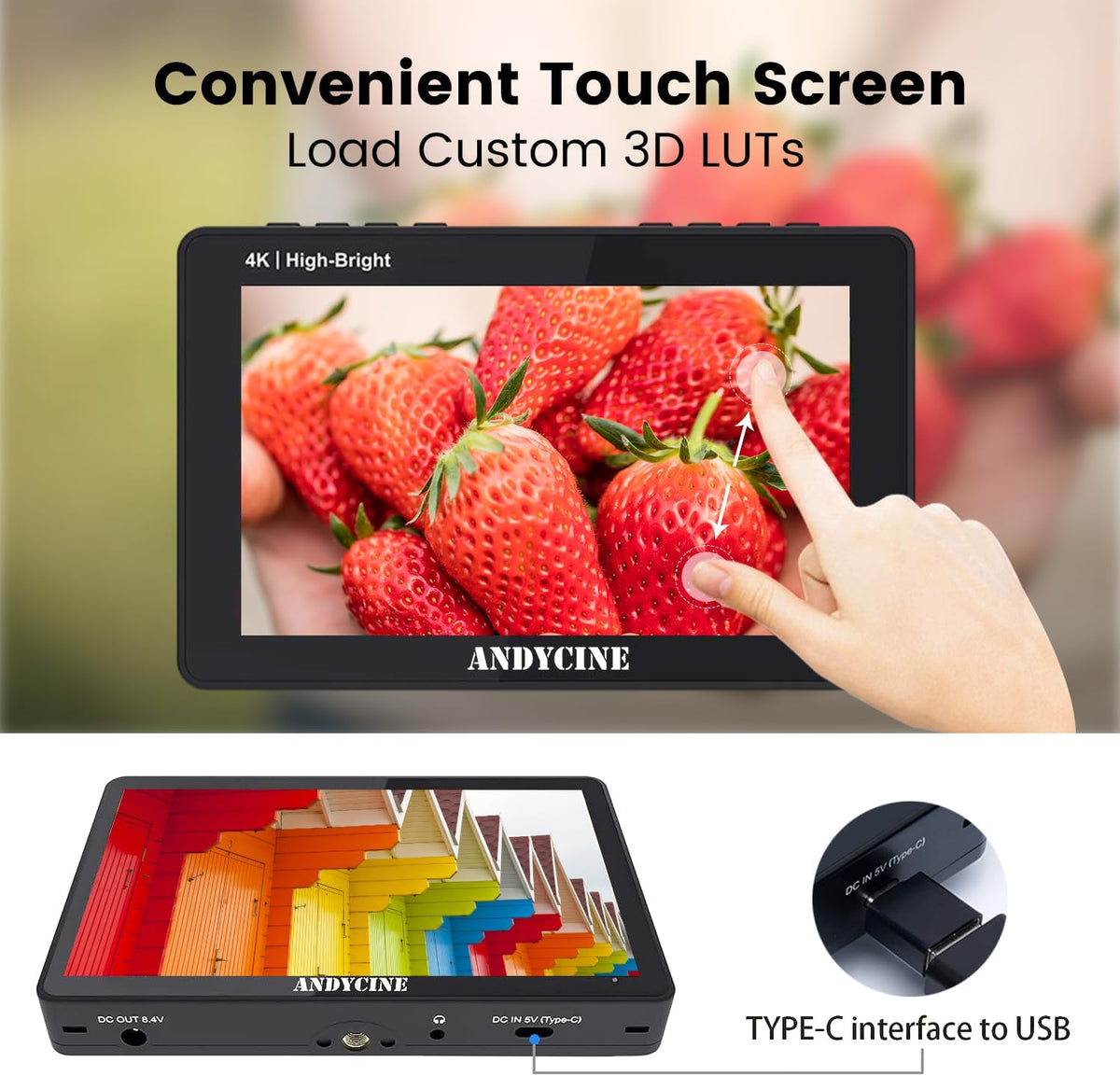 ANDYCINE A6 II 5.5 inch Camera Monitor, 1600 Nit 4K 60Hz HDMI HDR Touch Screen, 1920x1080P FHD DLSR Video Field Monitor, Support Waveform 3D LUT Peaking Focus (with Battery, Carry Case) - QUORE