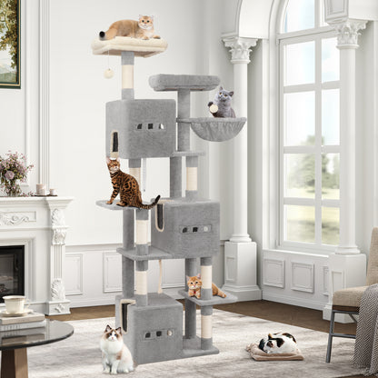Krabpaal – Kattenboom – Krabmeubel – Kattenhuis – Kattentoren – 193 cm Hoog – Moderne Lichtgrijs – 7 Niveaus – Sisal Krabpalen – 2 Uitkijkplatforms – 3 Holletjes – 2 Wasbare Kussens