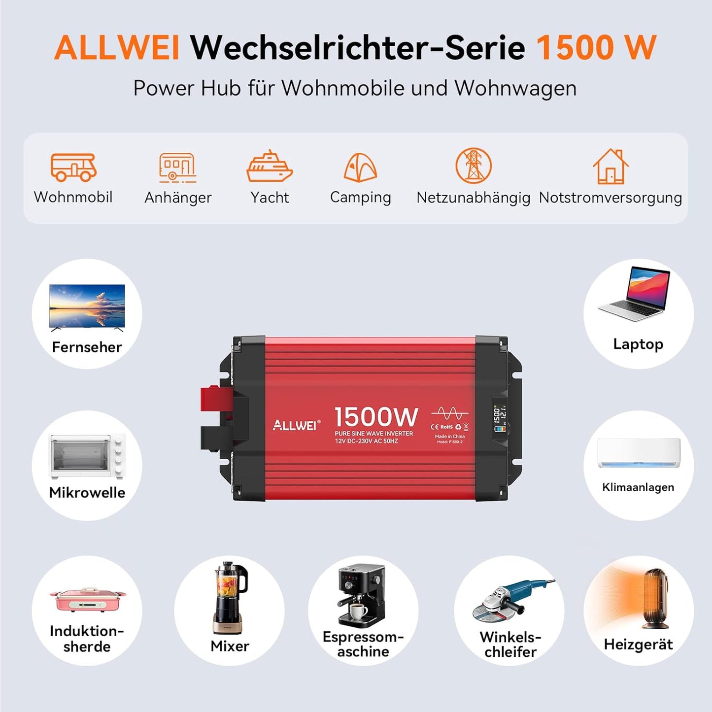 ALLWEI 1500 W zuivere sinus omvormer, 12 V naar 230 V, spanningsomvormer voor thuis, camper, vrachtwagen, netonafhankelijke zonne-installaties, omvormer, inverter 12 V 220 V, piekvermogen 3000 W