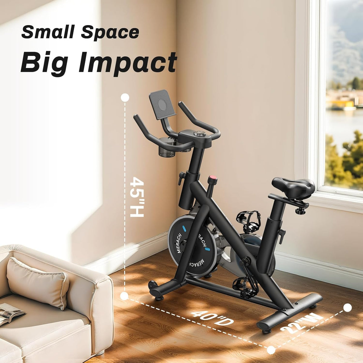 Merach Hometrainer met verstelbare weerstand, stille hometrainer met led-monitor, comfortabel zitkussen, eigen app, capaciteit 136 kg, aerobic-training