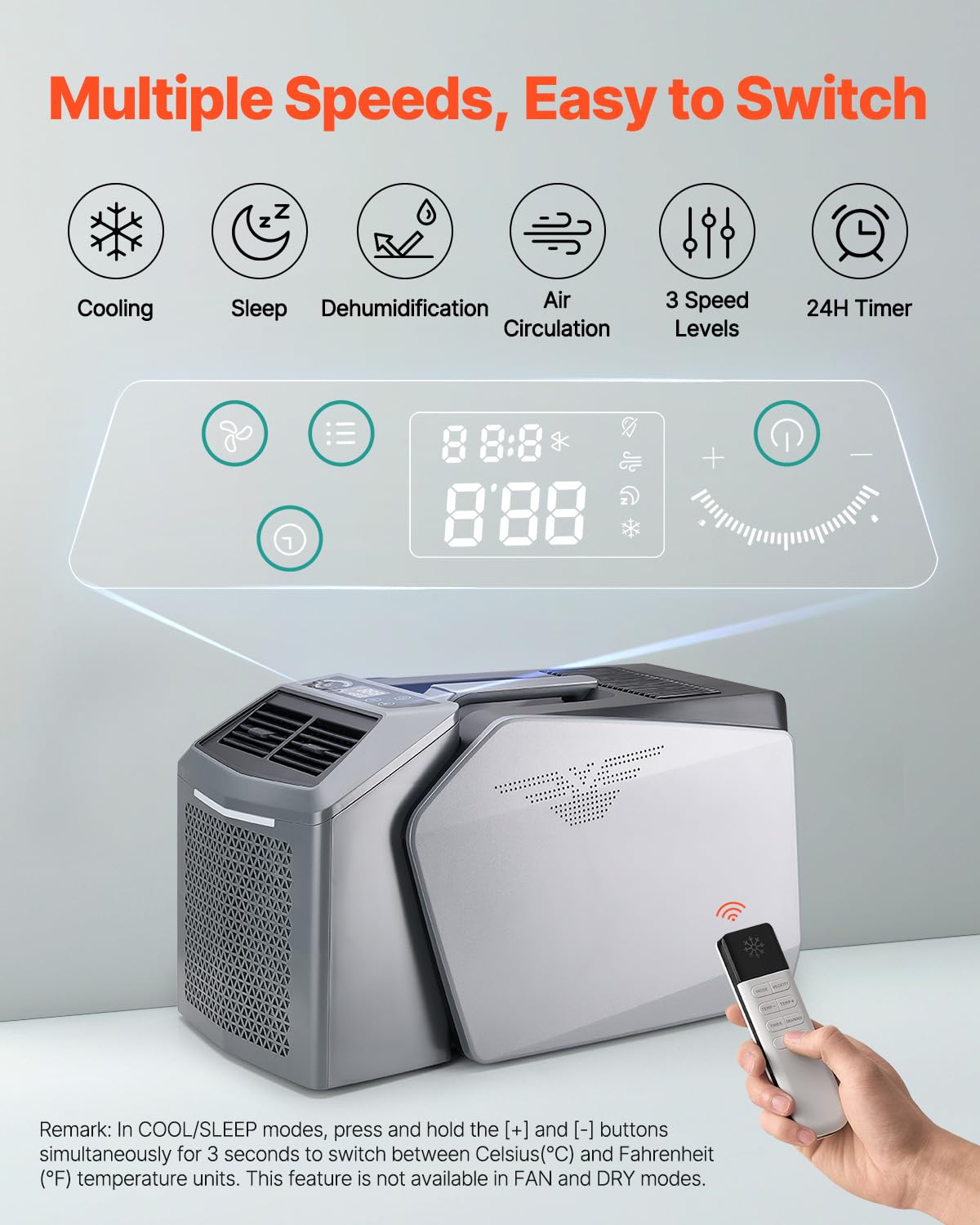 VEVOR Portable Air Conditioner, 1.46 kW·h, Air Cooler with 3 Speeds with 24 Hours Timer, Adjustable from 16-32°C, AC/DC Compatible for Outdoor Tent, Motorhome, Grey - QUORE