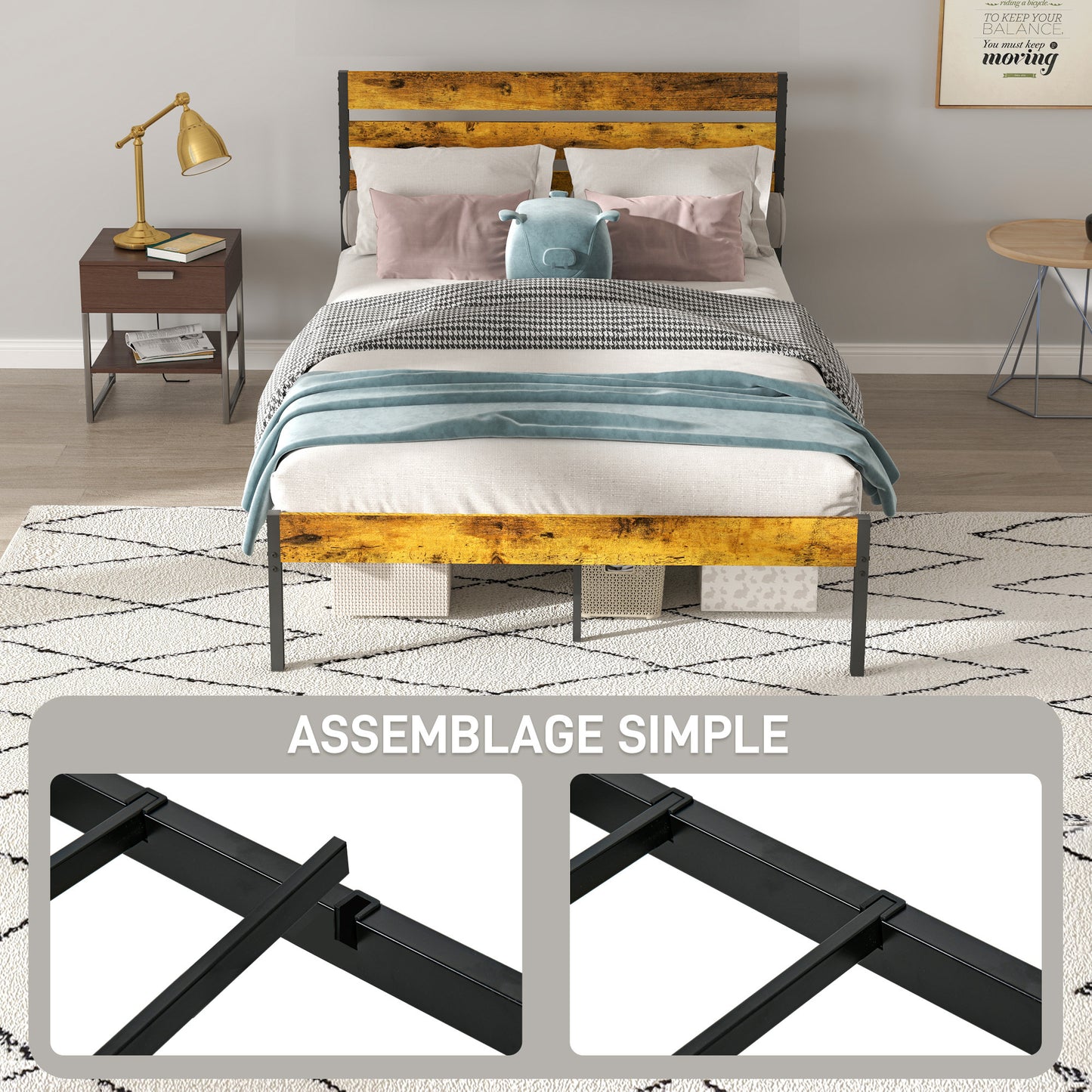 Tweepersoonsbed – Bedframe – Boxspringbed – Industrieel Bed – Slaapbed – Industrieel Design – Stevig Stalen Frame – Ruime Opbergruimte Onder Bed – Geschikt Voor Matras 140x200 cm