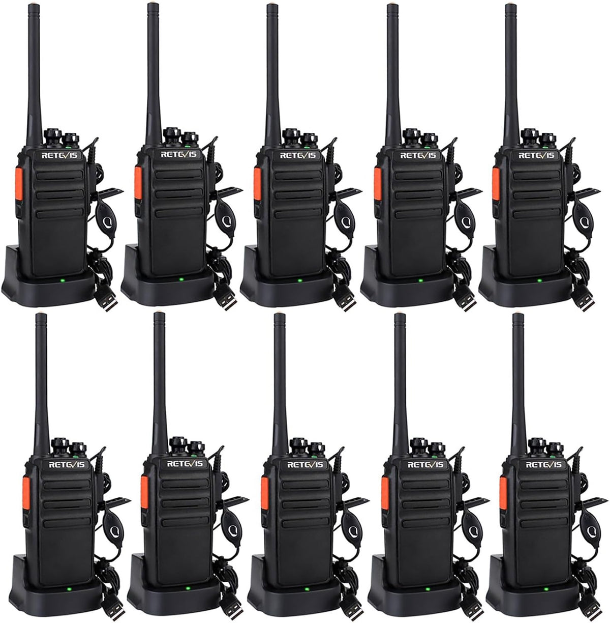 Retevis RT24 Walkie Talkie Portofoons PMR446 Vergunningsvrije 16 Kanalen CTCSS/DCS VOX Professionele Walkie Talkies met Headset en USB-laadstation (10 Stuks, Zwart)