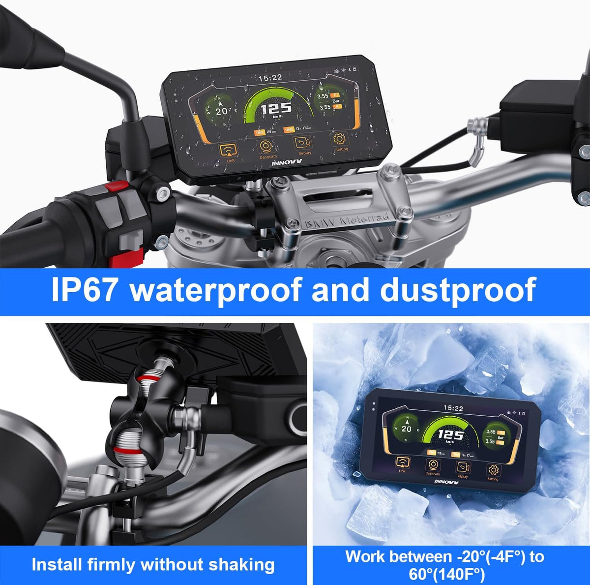 INNOVV N2 Motorfiets Carplay Dash Cam, 6 inch touchscreen ondersteuning Android Auto & iOS, 2K + 2K camera voor en achter met GPS-navigatie, parkeermodus, muziek, 5,8G wifi, IP67 waterdicht, App